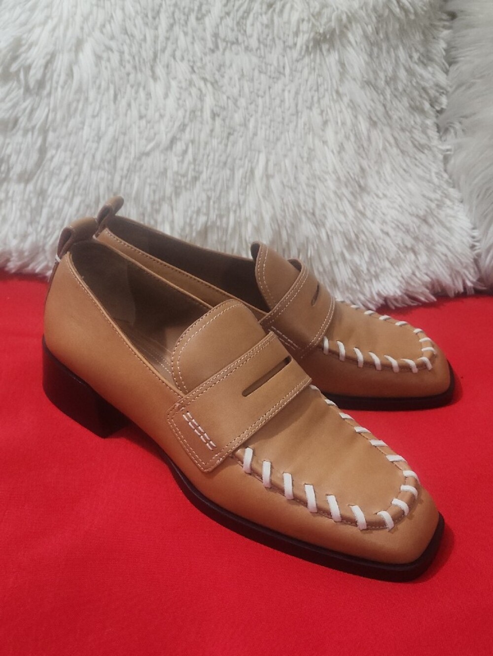 Labucq Women's Tan Leather Loafers with White Contrast Stitching